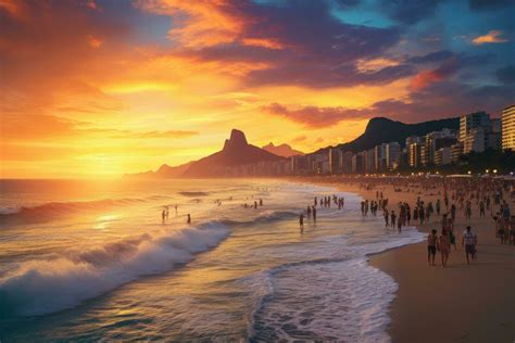 Sunset at Copacabana beach, Rio de Janeiro, Brazil, Ipanema beach in ...