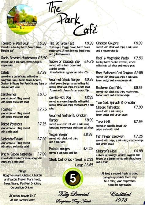 Menu At The Park Cafe Northampton