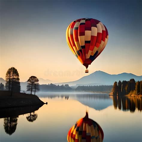 Hot Air Balloon Flying In Nature With Beautiful Mountain And Sunrise Sunset Concept