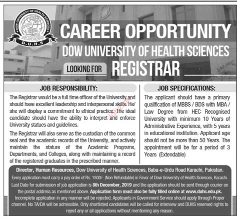 Dow University Of Health And Sciences Duhs Karachi Jobs Job