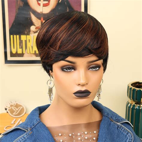 Yviann Short Human Hair Wigs Color Pixie Straight Wig For Black Women Browm Mixed