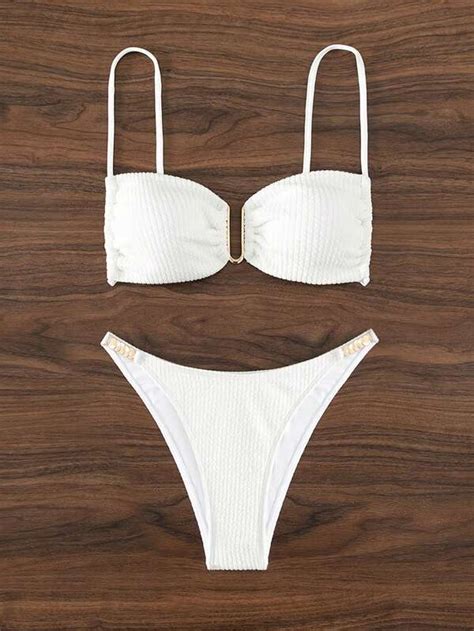 SHEIN Swim Basics Ribbed Knit Ring Linked Bikini Swimsuit SHEIN USA