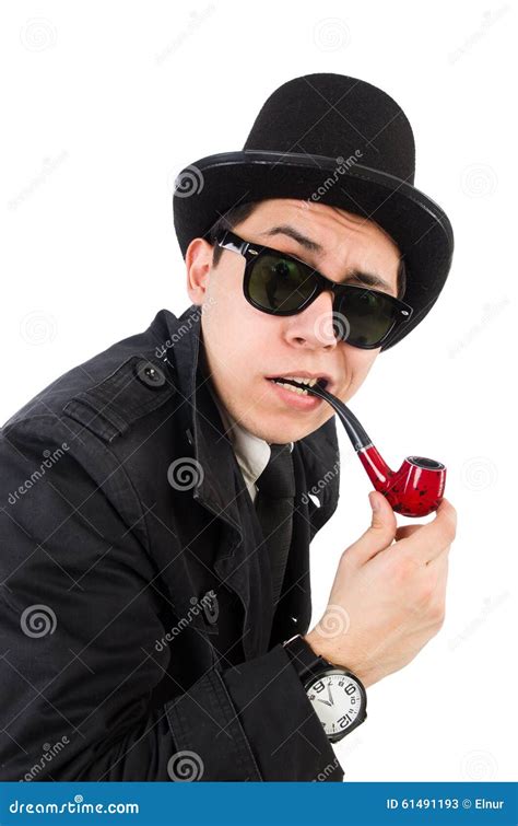 Young Detective In Black Coat Holding Magnifying Stock Image Image Of