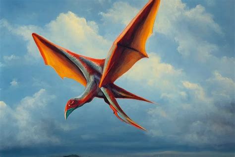 Oil Painting Of A Giant Pterodactyl Flying Through The Stable