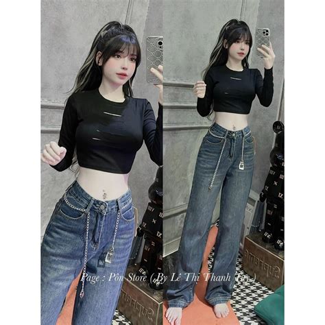 Áo kiểu tay dài croptop cắt ngực 4 đường cực hot chất thun bozip mềm mịn Shopee Việt Nam