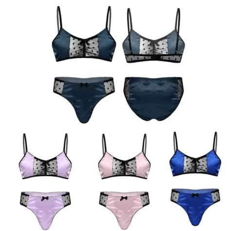 HOMME SISSY ENSEMBLE Lingerie de Nuit Satin Slip et Soutien Gorge Sous vêtements EUR 10 74