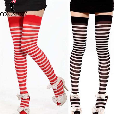 Red Black Striped Knee Socks Thigh High Stockings Striped Stockings