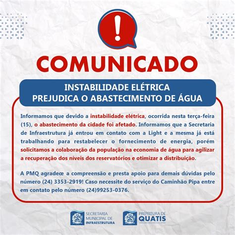 COMUNICADO INSTABILIDADE ELÉTRICA PREJUDICA O ABASTECIMENTO DE ÁGUA