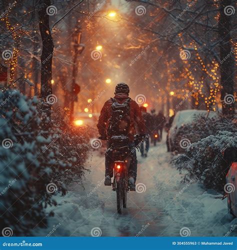 Snowy Bike Ride Cyclist Commuting through a Winter Wonderland City ...