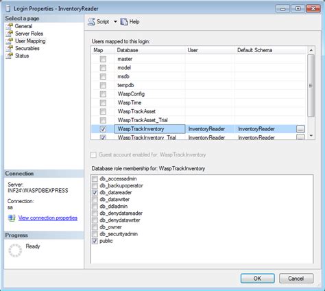 sql server user mapping  inventorycontrol mobileasset wasptime