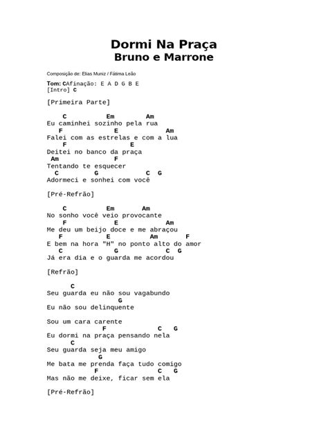 Letra De Bruno E Marrone Dormi Na Praça - Letra de "Dormi na Praça" | PDF