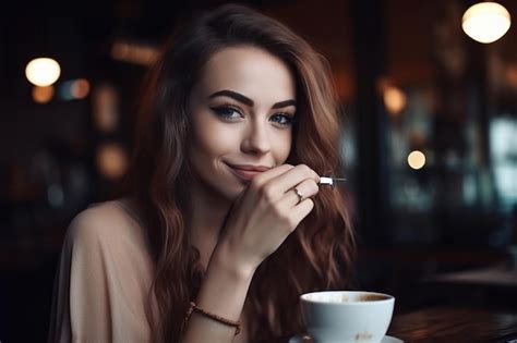 Premium Photo A Woman Sitting At A Table With A Cup Of Coffee