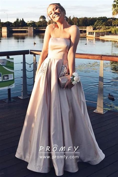 Nude Satin Strapless Simple Designer Long Military Prom Dress Promfy
