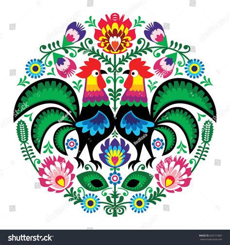 Polish Folk Art Floral Embroidery Roosters Stock Vector Royalty Free