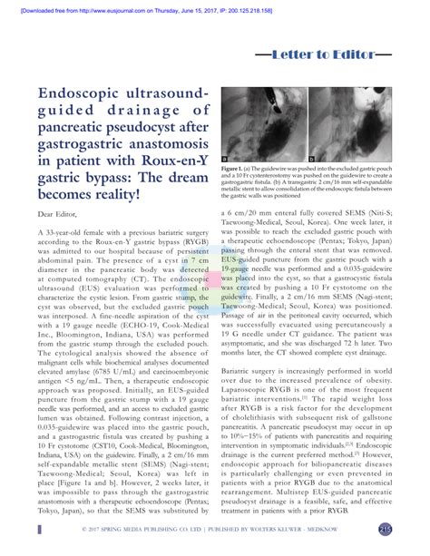 Pdf Endoscopic Ultrasound Guided Drainage Of Pancreatic Pseudocyst