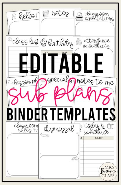 Editable Sub Binder Templates Mrs Bremer S Class