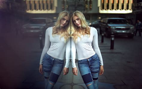Women Urban Blonde Glass Torn Jeans Reflection Jeans Portrait
