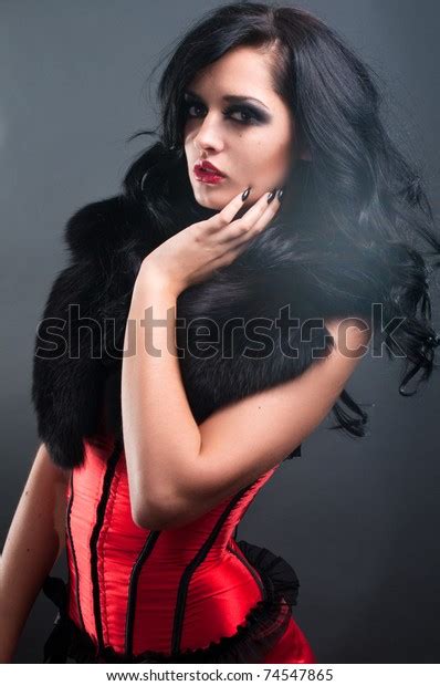 Sexy Brunette Red Corset Fur Long Stock Photo Shutterstock