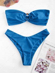 Zaful O Ring Tie Back High Leg Bandeau Bikini Swimsuit In Deep Blue Zaful