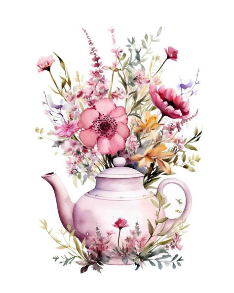 A Pink Teapot With Flowers In It On A White Background Watercolor Painting