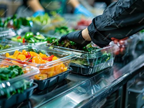 A hand in a black glove reaches for fresh produce in a commercial