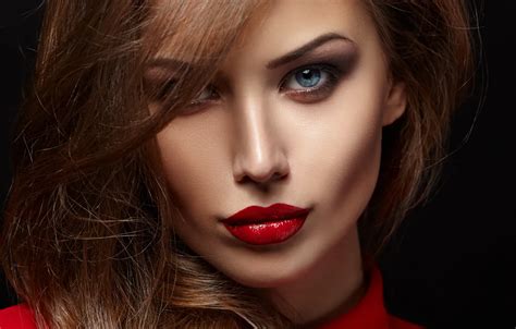 Wallpaper Look Girl Face Hair Makeup Blouse Black Background