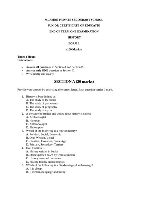 Form 1 History Exam Paper