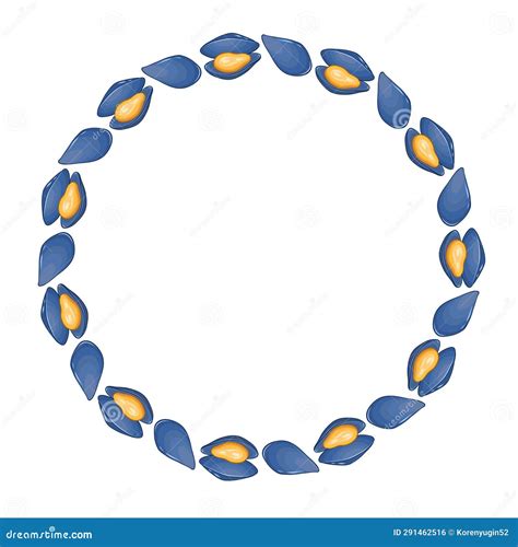 Oysters, Mussels Art Drawn Round Frame Seafood Stock Vector