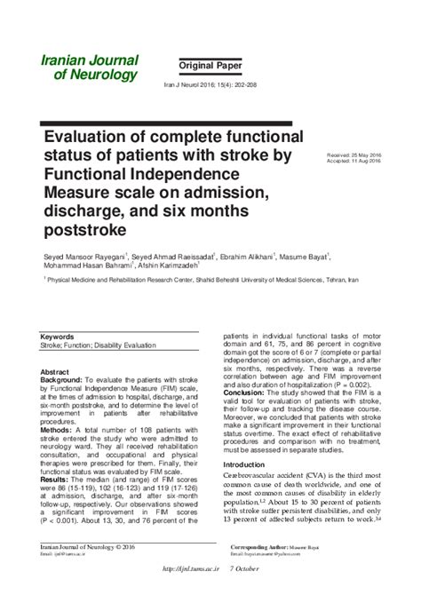Pdf Evaluation Of Complete Functional Status Of Patients With Stroke