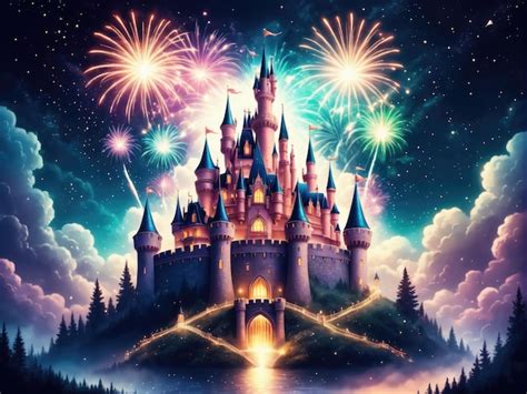 Premium Photo A Shining Castle Under Moonlight Illuminated By Epic Lights And Fireworks In The Sky