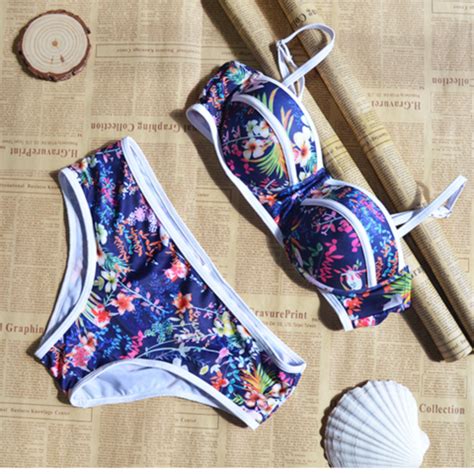 Fashion Navy Blue Floral Print White Edge Two Piece Bikini On Luulla