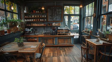 cafe interior design rustic coffee shop  wooden tables chairs