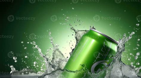 Soft drink commercial with green can, lots of splashing water in the
