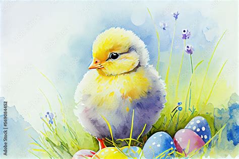 Watercolor Painting Of Cute Baby Chick In Nature With Easter Eggs As