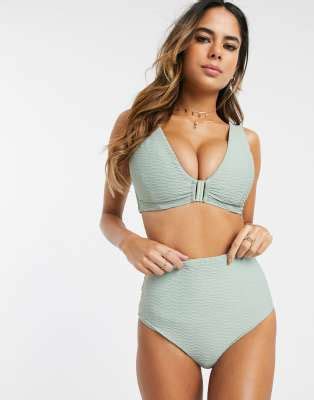 Asos Design Fuller Bust Texture Clasp Front Bikini Top In Pastel Sage Green Dd G Asos