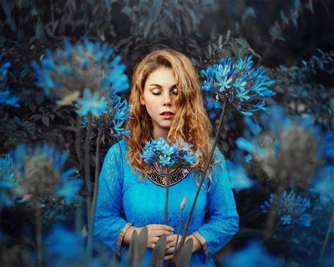 Wallpaper Blue Dress Girl Blonde Blue Flowers Closed Eyes 1920x1440 Picture Image