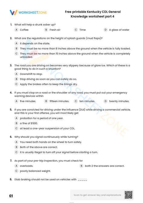Free Printable Kentucky CDL General Knowledge Worksheet Part 4