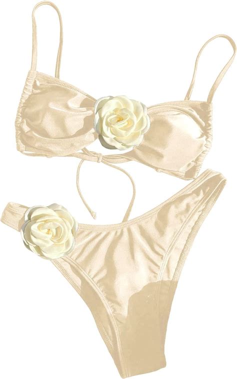 Amazon Beaudrm Women S Piece Bikini Set High Waisted Bathing Suit Tie Back D Rose High