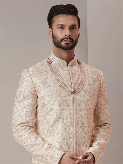 Light Peach Raw Silk Groom Wear Sherwani G Msh United States