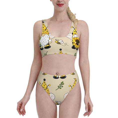 Daiia Gnomes Bees And Sunflowers Women S Bikini Swimsuit Two Piece Swimsuit High Waisted Slim