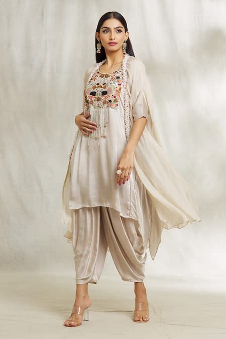 Buy Grey Cape Organza Embellished Thread Cape Embroidered Kurta Dhoti