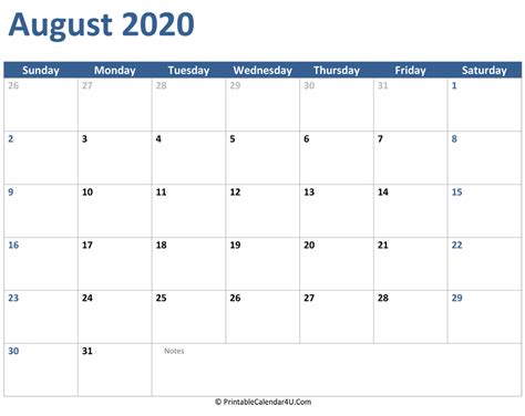 August 2020 Calendar Templates