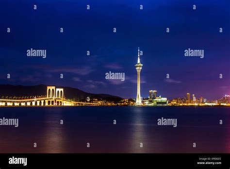 Macau Tower At Night Stock Photo Alamy
