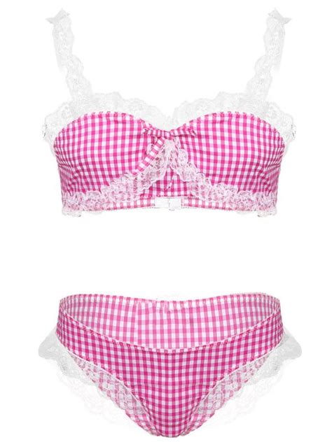 Mens Sissy Plaid Lace Trim Lingerie Suit Sleepwear