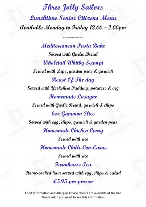 Menu At Three Jolly Sailors Pub And Bar Burniston