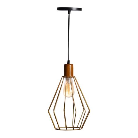 Pendente Aramado Madeira Poptem Cone Dourado Luminária Lustre Sala