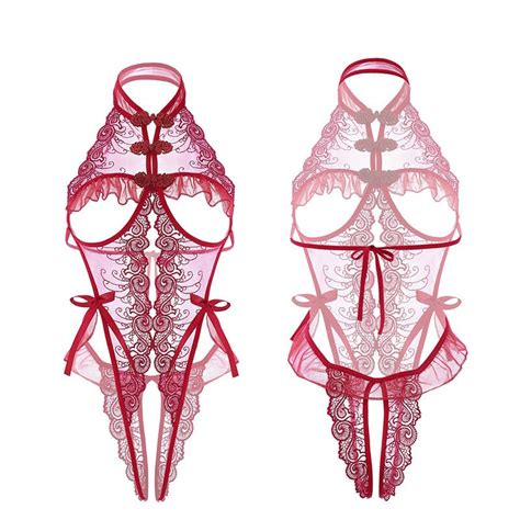 Jual Wanita Babydoll Lingerie Sexy Open Bra Renda Teddy Onesie Leher V Neck Jumpsuit A