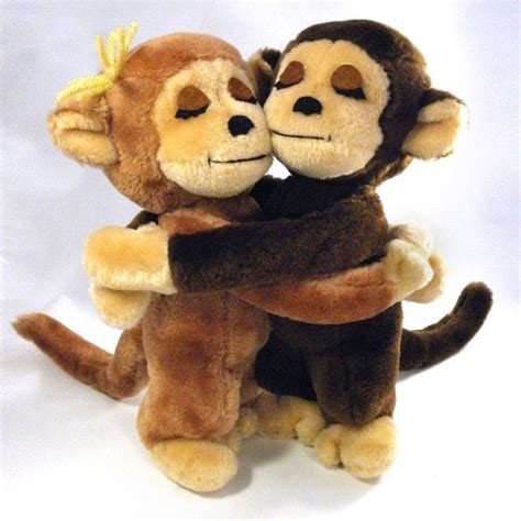 1976 Dakin 2 Hugging Brown Monkeys Plush Stuffed Animal Boy Girl Monkey