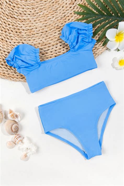 Girls Vapor Wave Lettuce Edge Puff Sleeve Bikini Set