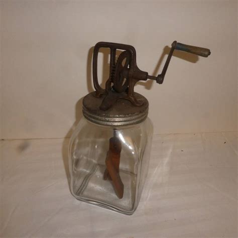 Lot Antique Quart Hand Crank Butter Churn Glass Jar With